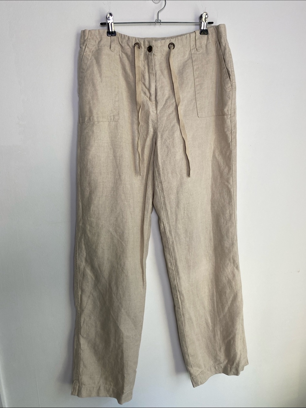 Women's Linen Blend Drawstring Trousers in Natural Beige